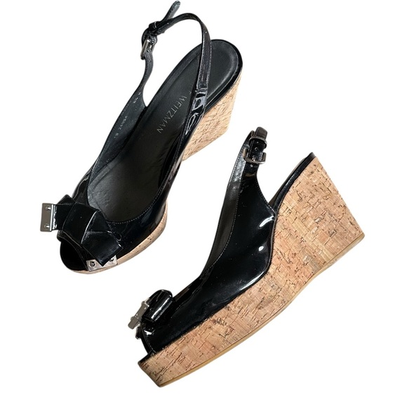 Stuart Weitzman Black Bodajean Bow Patent Leather Wedge Sandals Size 8.5 - Picture 1 of 10